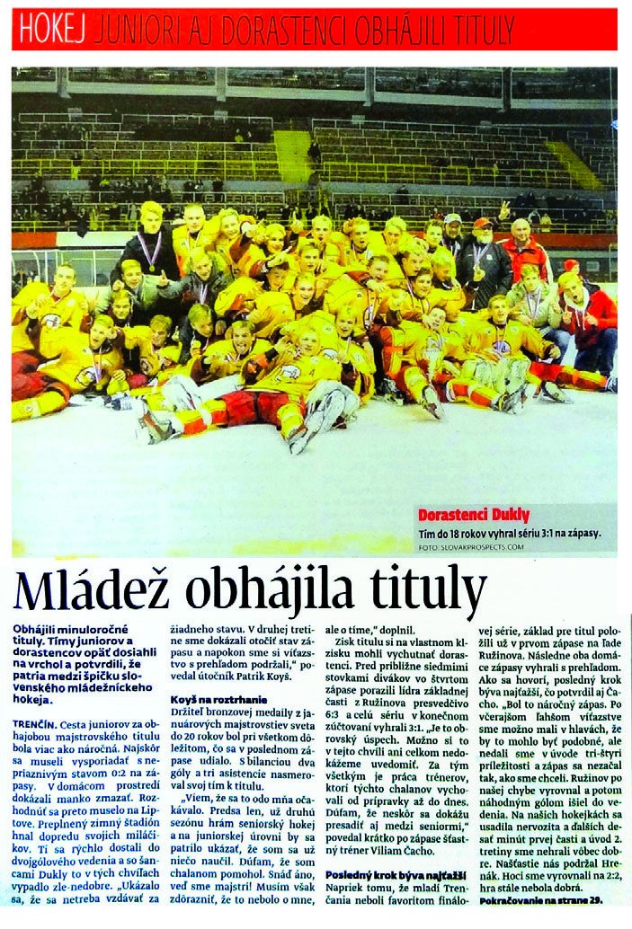 Novinový článok o tituloch mládeže Dukly Trenčín